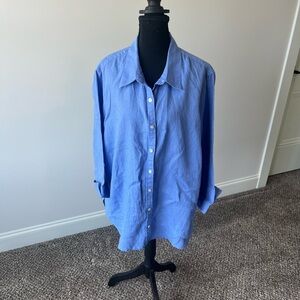Talbots Woman Blue Linen Classic Light Blue Button-Up Shirt 3/4 Sleeves Size 1X
